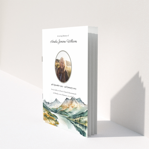 Funeral order of service program reverse side design with landscape illustration and dummy text, no photos, Portrait
