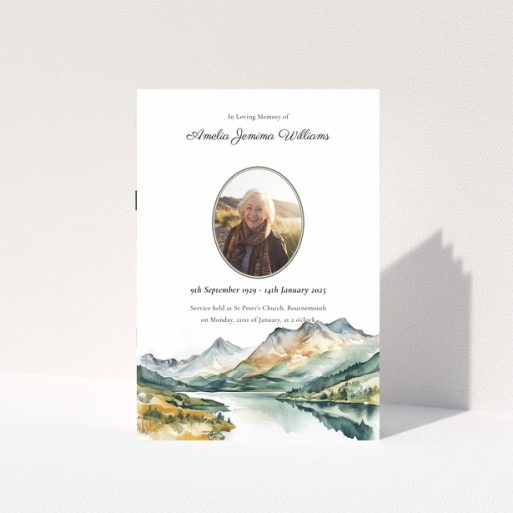 Funeral order of service program design with one photo and landscape artwork.