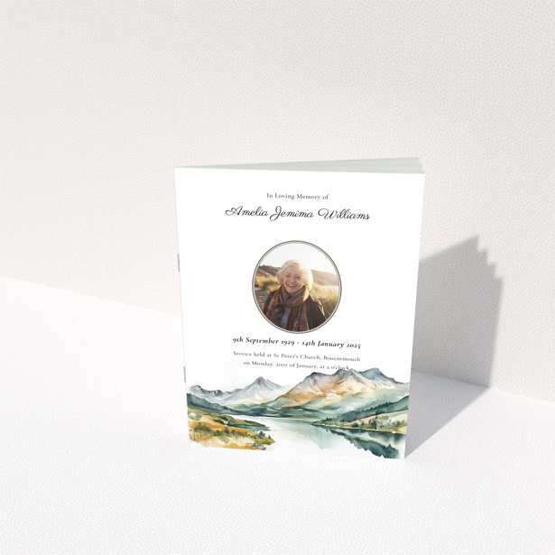 Funeral order of service program reverse side design with landscape illustration and dummy text, no photos, Portrait