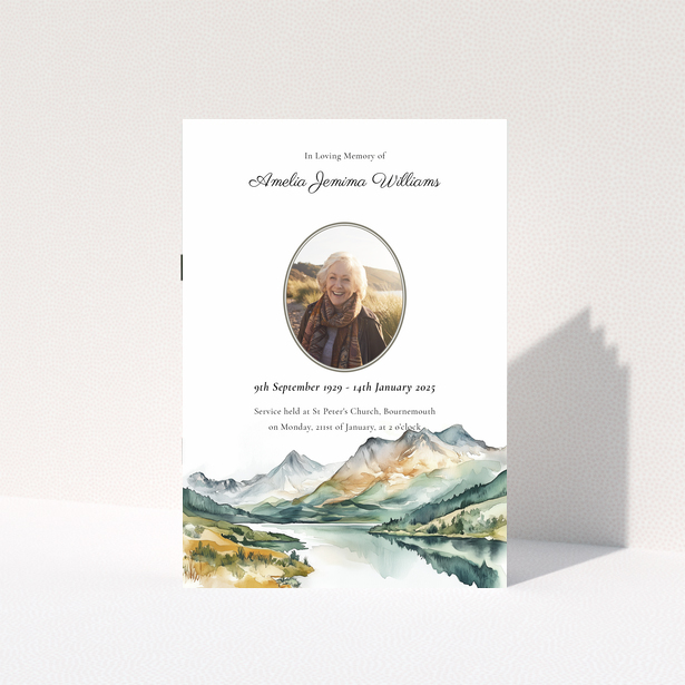 Funeral order of service program design with one photo and landscape artwork.
