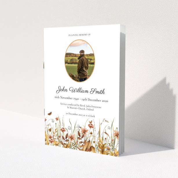 Funeral order of service programme design featuring a photograph and floral illustrations