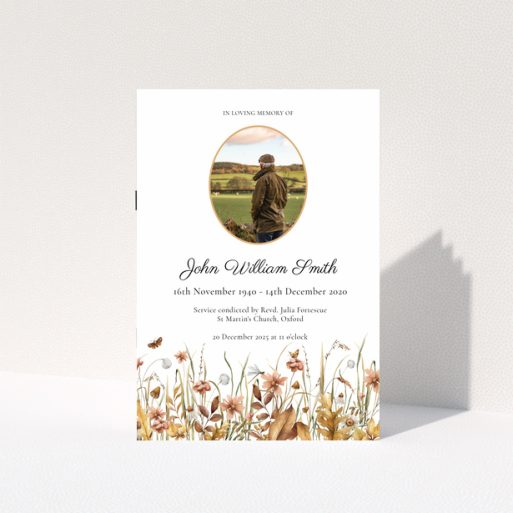Funeral order of service programme design featuring a photograph and floral illustrations