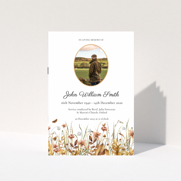 Funeral order of service programme design featuring a photograph and floral illustrations