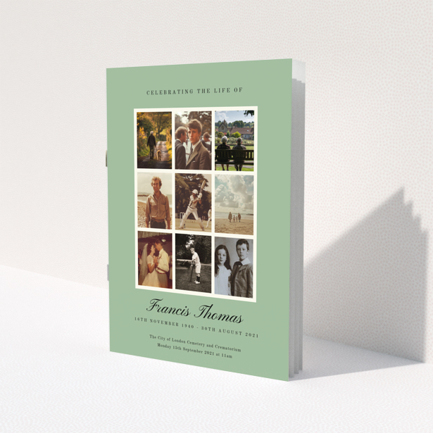 Funeral order of service program with nine photos in a collage layout on a green background.
