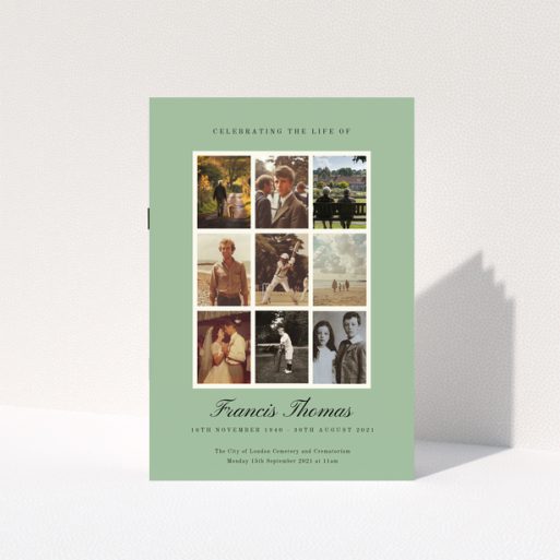 Funeral order of service program with nine photos in a collage layout on a green background.