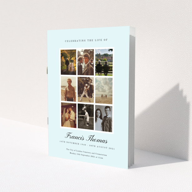 Funeral order of service program design with nine photos for a personalised memorial booklet.