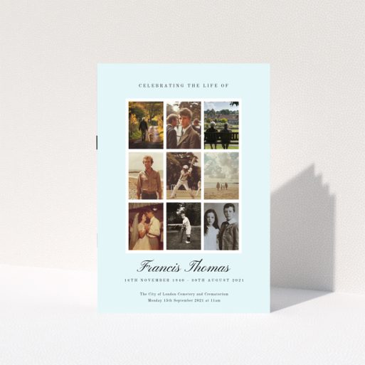 Funeral order of service program design with nine photos for a personalised memorial booklet.