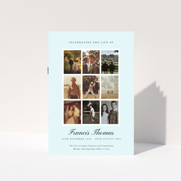 Funeral order of service program design with nine photos for a personalised memorial booklet.