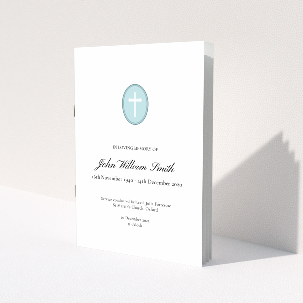 Funeral order of service programme with one photo of a cross icon in a blue oval design.
