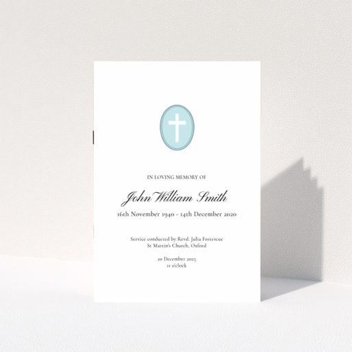 Funeral order of service programme with one photo of a cross icon in a blue oval design.