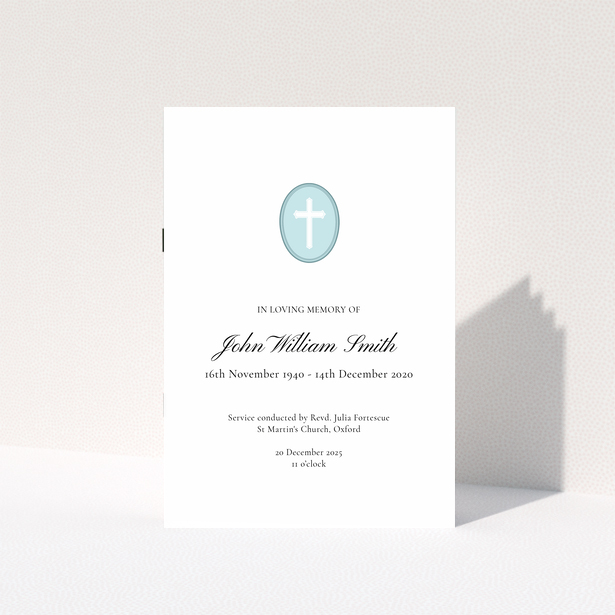 Funeral order of service programme with one photo of a cross icon in a blue oval design.