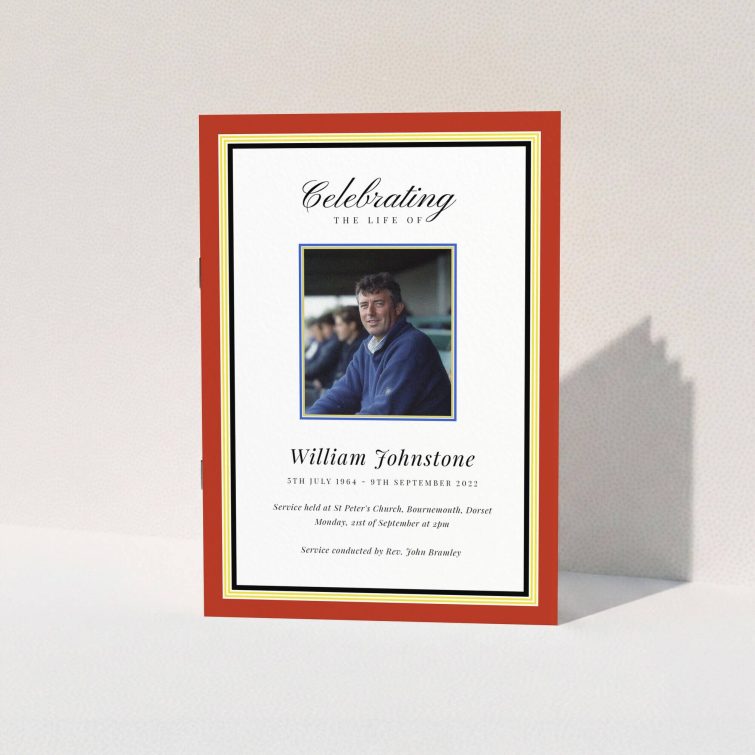 Funeral order of service program design featuring one photo with red border