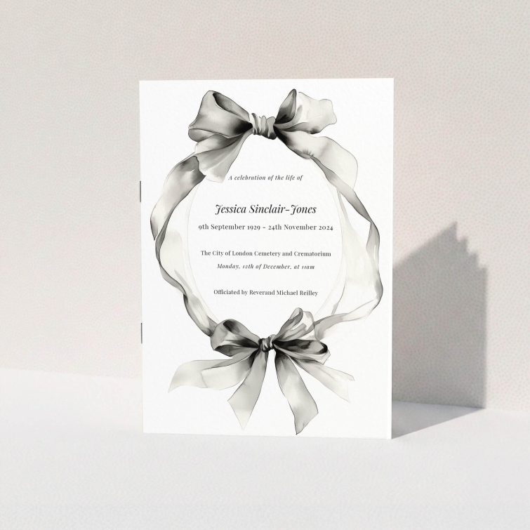 Funeral order of service programme design with bow illustration and elegant typography