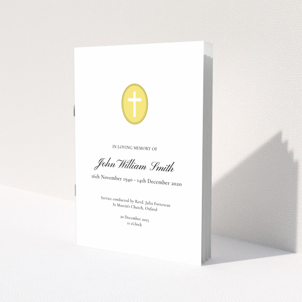 Elegant funeral order of service program design featuring one photo and a cross emblem.