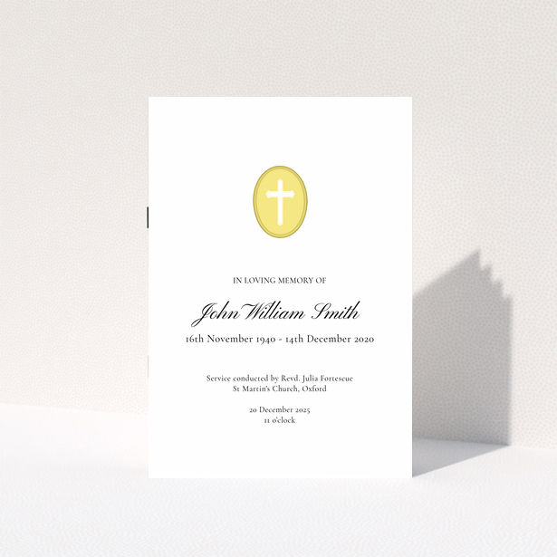 Elegant funeral order of service program design featuring one photo and a cross emblem.