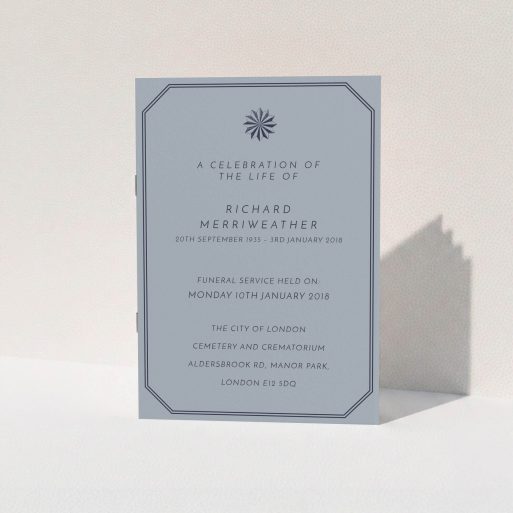 A funeral order of service design called "Shade though". It is an A5 booklet in a portrait orientation. "Shade though" is available as a folded booklet booklet, with tones of dark grey and navy blue.