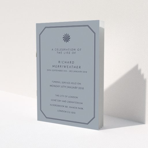 A funeral order of service design called 'Shade though'. It is an A5 booklet in a portrait orientation. 'Shade though' is available as a folded booklet booklet, with tones of dark grey and navy blue.