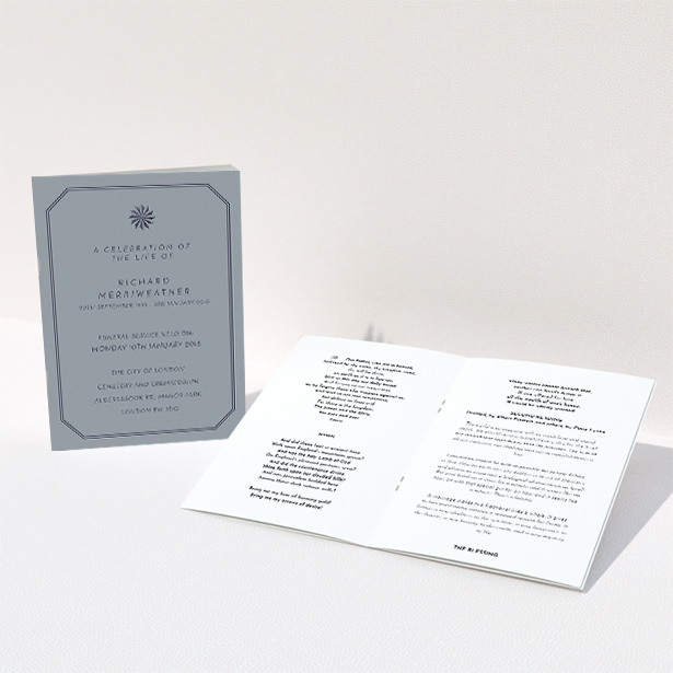 A funeral order of service design called "Shade though". It is an A5 booklet in a portrait orientation. "Shade though" is available as a folded booklet booklet, with tones of dark grey and navy blue.