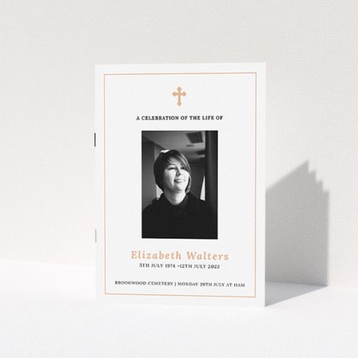 A funeral order of service named "Simple and Straightforward. It is an A5 booklet in a portrait orientation. It is a photographic funeral program with room for 1 photo. "Simple and Straightforward" is available as a folded booklet booklet, with tones of white and light pink.