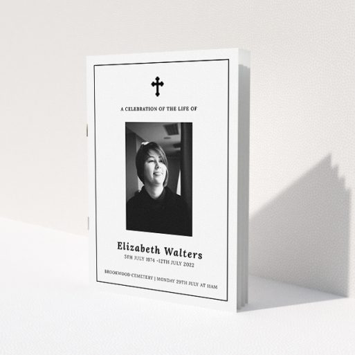 A funeral order of service named 'Simple and Straightforward. It is an A5 booklet in a portrait orientation. It is a photographic funeral program with room for 1 photo. 'Simple and Straightforward' is available as a folded booklet booklet, with tones of white and black.