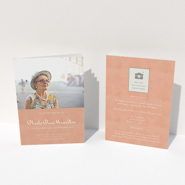 A funeral order of service named "Simple Elegance. It is an A5 booklet in a portrait orientation. It is a photographic funeral order of service with room for 1 photo. "Simple Elegance" is available as a folded booklet booklet, with splashes of light pink.