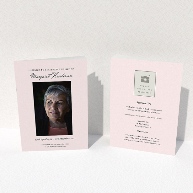 A funeral order of service named "Simple Portrait. It is an A5 booklet in a portrait orientation. It is a photographic funeral order of service with room for 1 photo. "Simple Portrait" is available as a folded booklet booklet, with splashes of light pink.