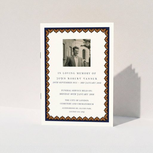 A funeral order of service design titled "Stage of colour". It is an A5 booklet in a portrait orientation. It is a photographic funeral order of service with room for 1 photo. "Stage of colour" is available as a folded booklet booklet, with tones of white and navy blue.