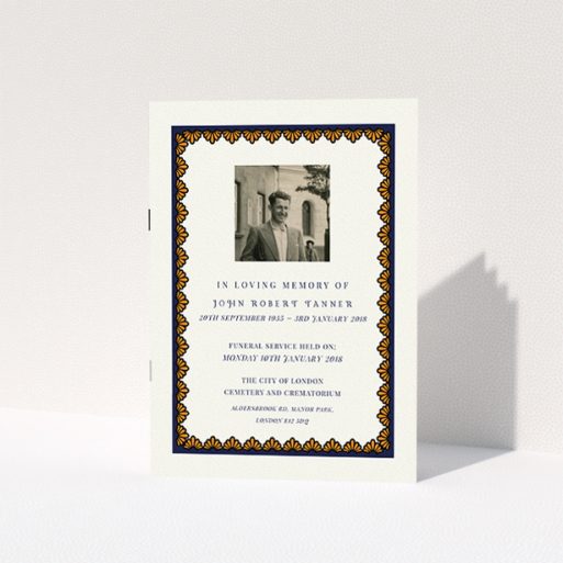A funeral order of service design titled "Stage of colour". It is an A5 booklet in a portrait orientation. It is a photographic funeral order of service with room for 1 photo. "Stage of colour" is available as a folded booklet booklet, with tones of white and navy blue.