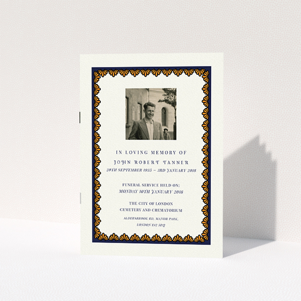 A funeral order of service design titled "Stage of colour". It is an A5 booklet in a portrait orientation. It is a photographic funeral order of service with room for 1 photo. "Stage of colour" is available as a folded booklet booklet, with tones of white and navy blue.