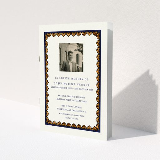 A funeral order of service design titled 'Stage of colour'. It is an A5 booklet in a portrait orientation. It is a photographic funeral order of service with room for 1 photo. 'Stage of colour' is available as a folded booklet booklet, with tones of white and navy blue.
