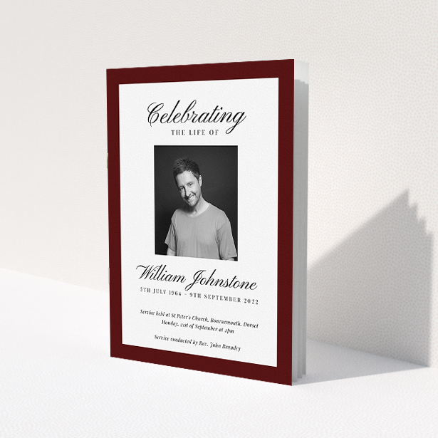 A funeral order of service named 'Stoic Border. It is an A5 booklet in a portrait orientation. It is a photographic funeral order of service with room for 1 photo. 'Stoic Border' is available as a folded booklet booklet, with tones of white, maroon and red.