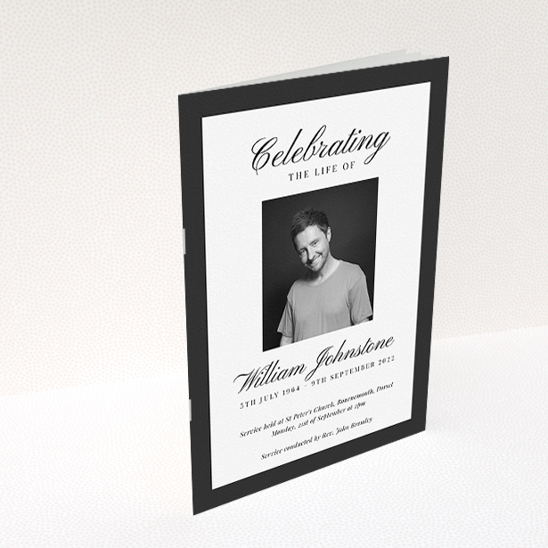 A funeral order of service named "Stoic Border. It is an A5 booklet in a portrait orientation. It is a photographic funeral order of service with room for 1 photo. "Stoic Border" is available as a folded booklet booklet, with tones of white and black.