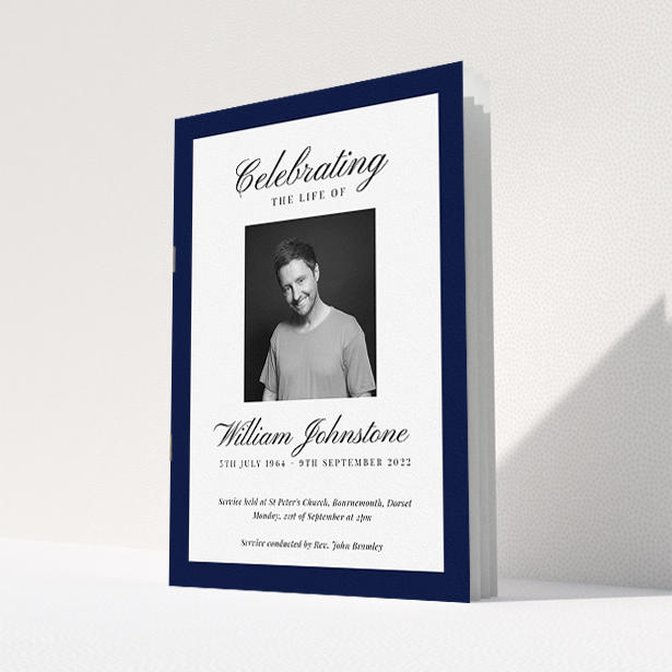 A funeral order of service named "Stoic Border. It is an A5 booklet in a portrait orientation. It is a photographic funeral order of service with room for 1 photo. "Stoic Border" is available as a folded booklet booklet, with tones of white and navy blue.