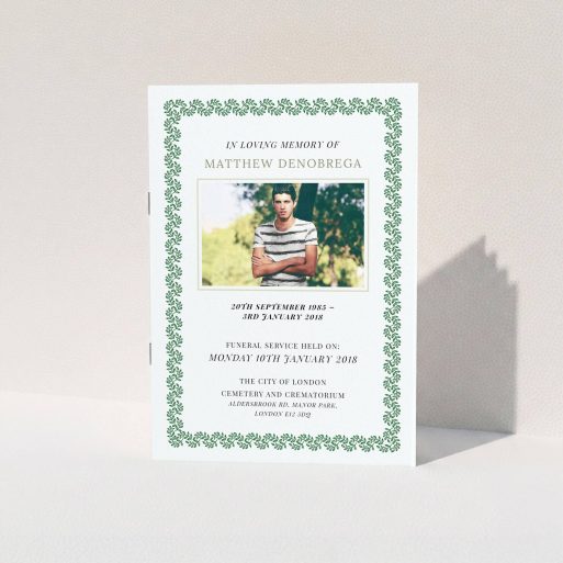 A funeral order of service design titled "Surrounded by the hedge". It is an A5 booklet in a portrait orientation. It is a photographic funeral order of service with room for 1 photo. "Surrounded by the hedge" is available as a folded booklet booklet, with mainly green colouring.