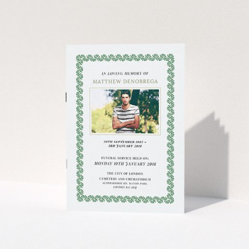 A funeral order of service design titled "Surrounded by the hedge". It is an A5 booklet in a portrait orientation. It is a photographic funeral order of service with room for 1 photo. "Surrounded by the hedge" is available as a folded booklet booklet, with mainly green colouring.