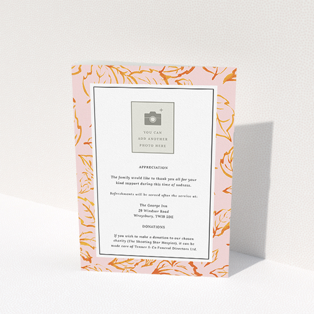 A funeral order of service named "autumnal peace. It is an A5 booklet in a portrait orientation. It is a photographic funeral order of service with room for 1 photo. "autumnal peace" is available as a folded booklet booklet, with tones of light pink and .