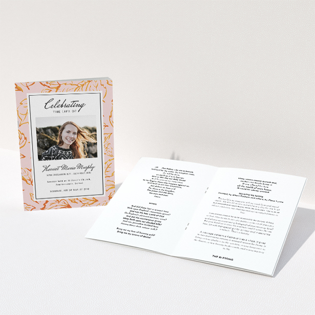 A funeral order of service named "autumnal peace. It is an A5 booklet in a portrait orientation. It is a photographic funeral order of service with room for 1 photo. "autumnal peace" is available as a folded booklet booklet, with tones of light pink and .