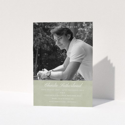 A funeral order of service named "Bold Elegance. It is an A5 booklet in a portrait orientation. It is a photographic funeral program with room for 1 photo. "Bold Elegance" is available as a folded booklet booklet, with splashes of green.