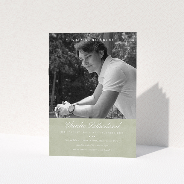 A funeral order of service named "Bold Elegance. It is an A5 booklet in a portrait orientation. It is a photographic funeral program with room for 1 photo. "Bold Elegance" is available as a folded booklet booklet, with splashes of green.