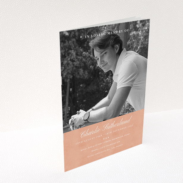 A funeral order of service named "Bold Elegance. It is an A5 booklet in a portrait orientation. It is a photographic funeral program with room for 1 photo. "Bold Elegance" is available as a folded booklet booklet, with splashes of light pink.