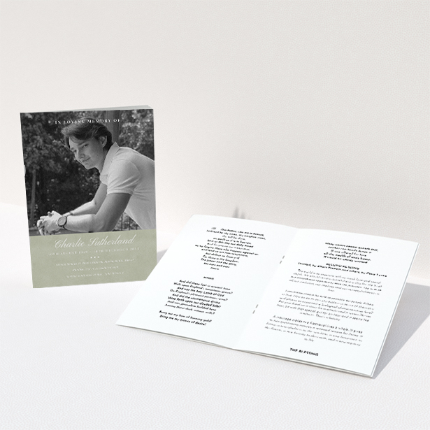 A funeral order of service named "Bold Elegance. It is an A5 booklet in a portrait orientation. It is a photographic funeral program with room for 1 photo. "Bold Elegance" is available as a folded booklet booklet, with splashes of green.
