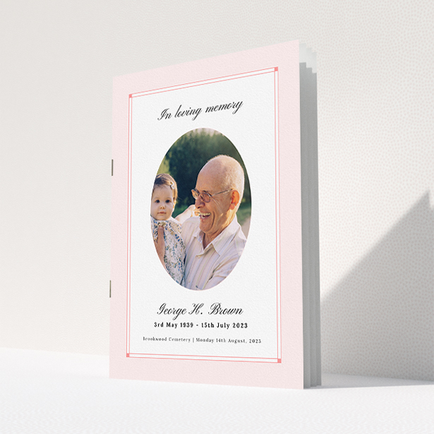 A funeral order of service named "Bright Border. It is an A5 booklet in a portrait orientation. It is a photographic funeral program with room for 1 photo. "Bright Border" is available as a folded booklet booklet, with splashes of light pink.