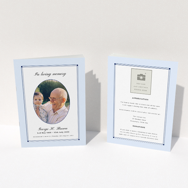 A funeral order of service named "Bright Border. It is an A5 booklet in a portrait orientation. It is a photographic funeral program with room for 1 photo. "Bright Border" is available as a folded booklet booklet, with neutral tones.