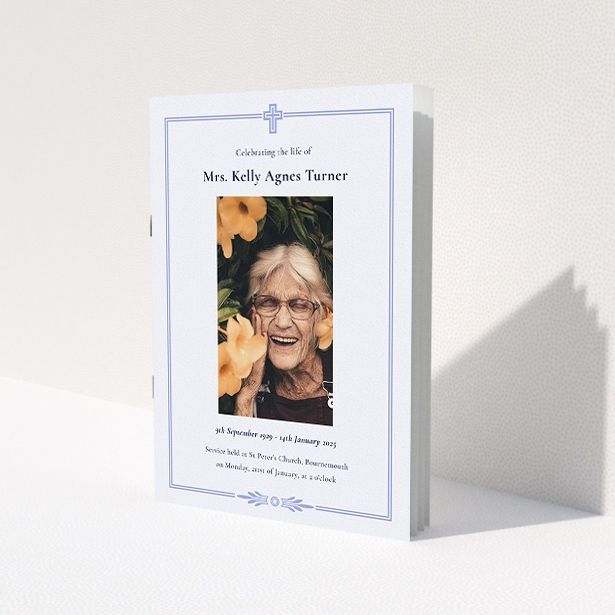 A funeral order of service named 'Classic Christian. It is an A5 booklet in a portrait orientation. It is a photographic funeral order of service with room for 1 photo. 'Classic Christian' is available as a folded booklet booklet, with splashes of duck shell blue.
