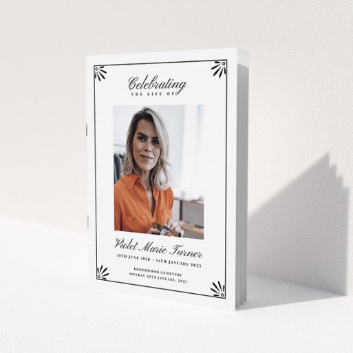 A funeral order of service named 'Deco Corners. It is an A5 booklet in a portrait orientation. It is a photographic funeral order of service with room for 1 photo. 'Deco Corners' is available as a folded booklet booklet, with tones of white and black.