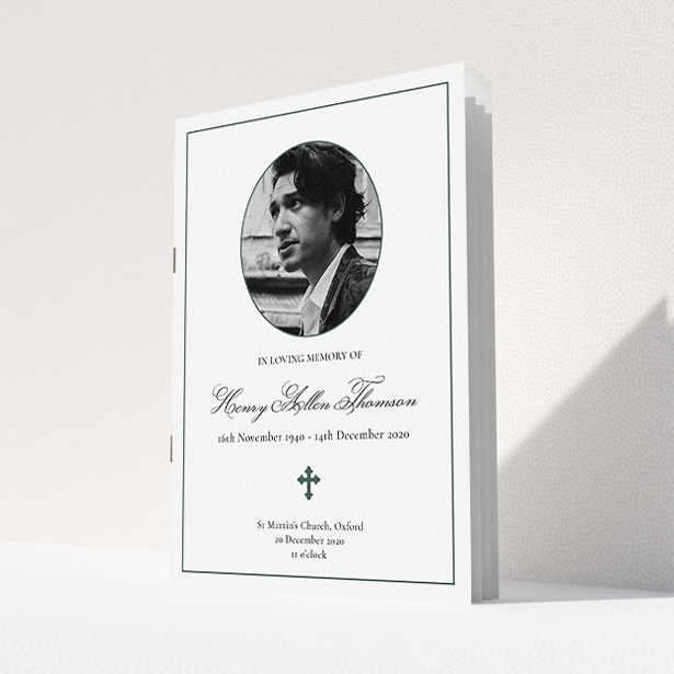 A funeral order of service named "Elegant Cross. It is an A5 booklet in a portrait orientation. It is a photographic funeral order of service with room for 1 photo. "Elegant Cross" is available as a folded booklet booklet, with tones of white and green.