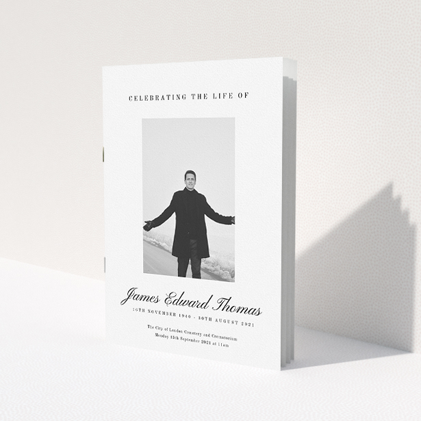 A funeral order of service named "Hazy background. It is an A5 booklet in a portrait orientation. It is a photographic funeral program with room for 1 photo. "Hazy background" is available as a folded booklet booklet, with tones of white and black.