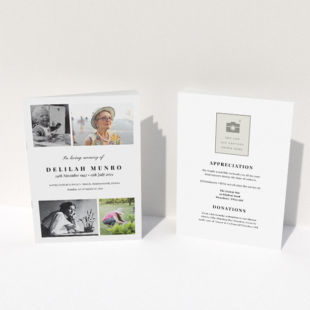 A funeral order of service named "Lots of Photos. It is an A5 booklet in a portrait orientation. It is a photographic funeral program with room for 4 photos. "Lots of Photos" is available as a folded booklet booklet, with tones of white and black.