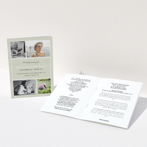 A funeral order of service named "Lots of Photos. It is an A5 booklet in a portrait orientation. It is a photographic funeral program with room for 4 photos. "Lots of Photos" is available as a folded booklet booklet, with splashes of green.