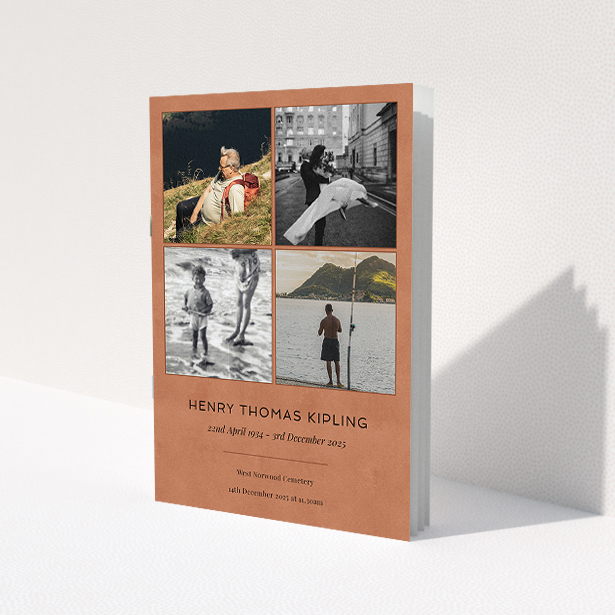 A funeral order of service named "Many Photos. It is an A5 booklet in a portrait orientation. It is a photographic funeral order of service with room for 4 photos. "Many Photos" is available as a folded booklet booklet, with splashes of orange.